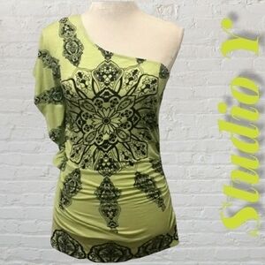 STUDIO Y Sexy One Shoulder Stretchy Ruched Top Chartreuse & Black S EUC